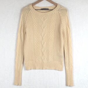 360 Cashmere Cable Knit Wool Blend Sweater Women's S Cream Fisherman Round Neck